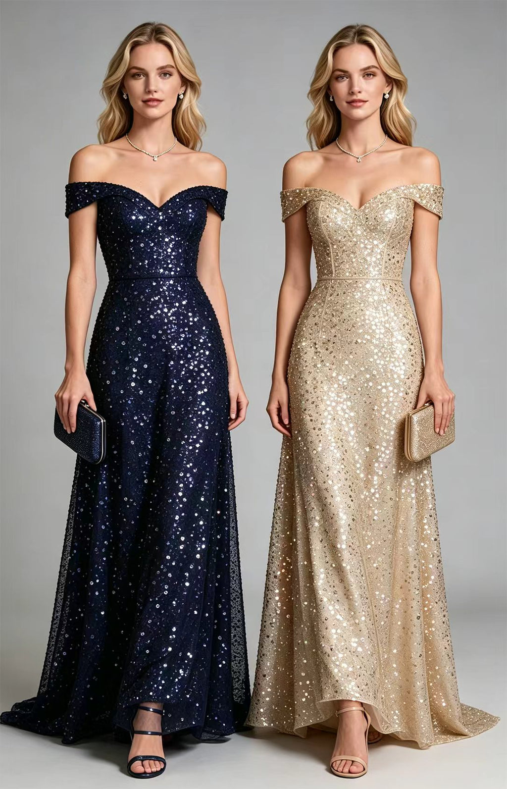 Navy & Champagne Off The Shoulder Sequin Tulle A-Line Long Prom Gown
