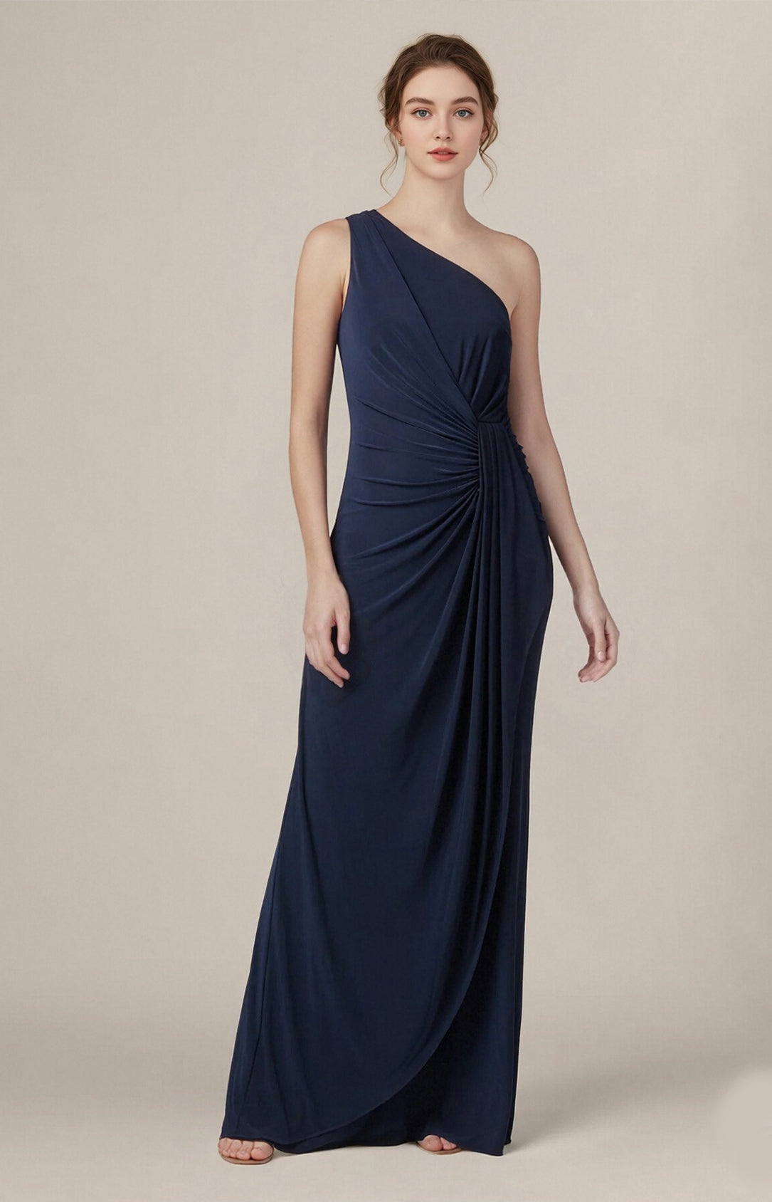 Navy Chiffon One Shoulder Long Sheath Evening Gown for Wedding Guest