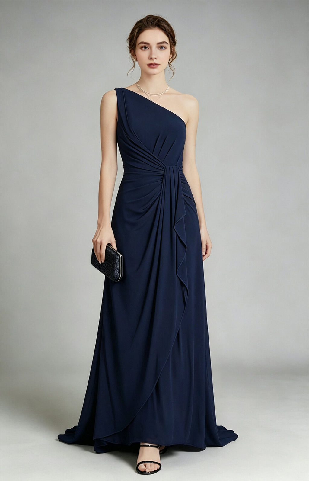 Navy Chiffon One Shoulder Ruched Sheath Formal Gown for Women Homecoming Evening Party