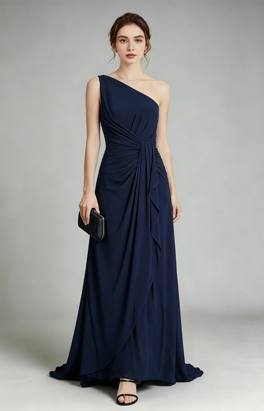 Navy Chiffon One Shoulder Ruched Sheath Formal Gown for Women Homecoming Evening Party