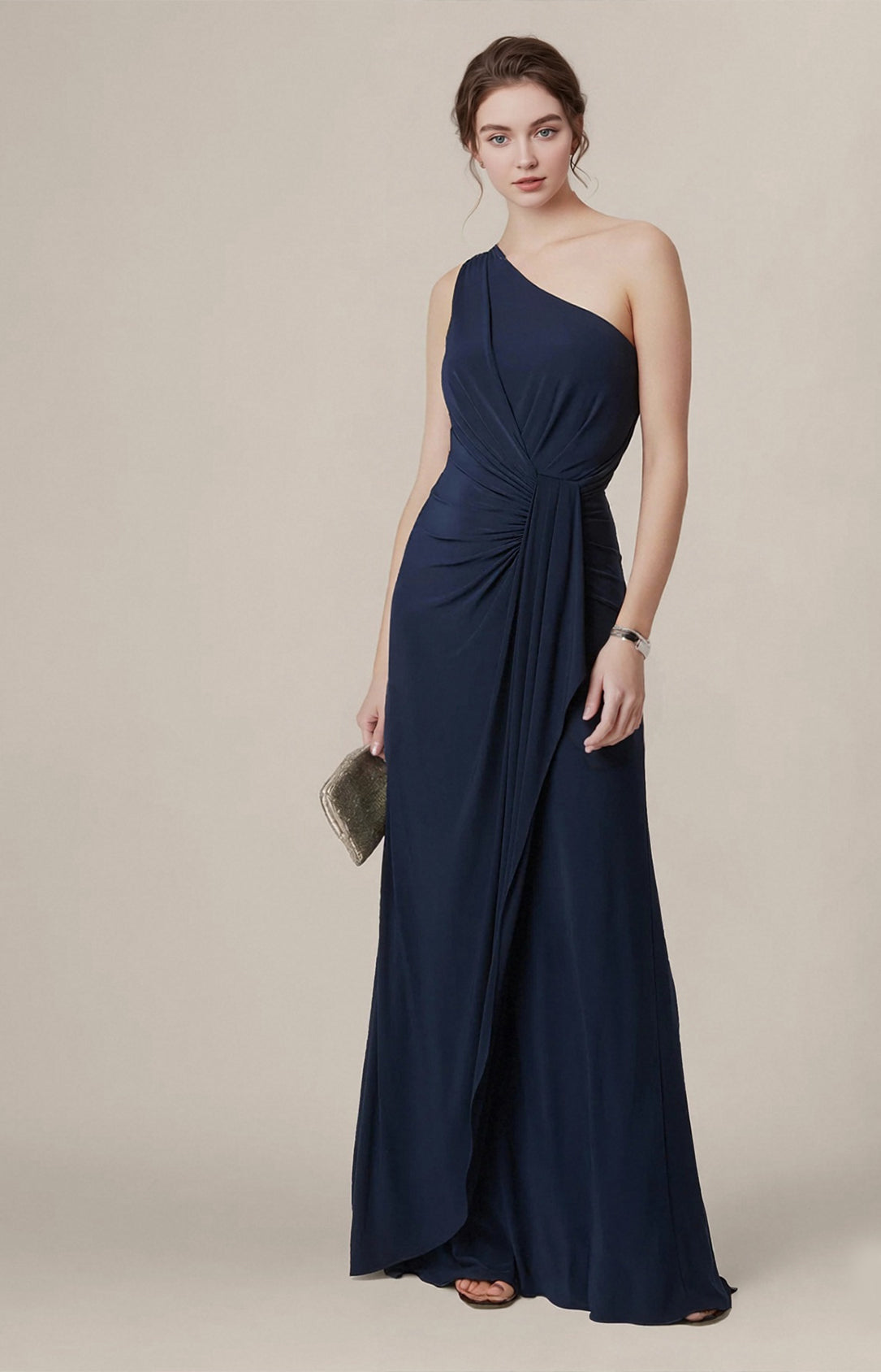 Navy Chiffon One Shoulder Sheath Bridesmaid Dress with Waist Ruched Detail