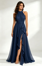 Navy Halter Neck Chiffon Long Formal Dress Front View