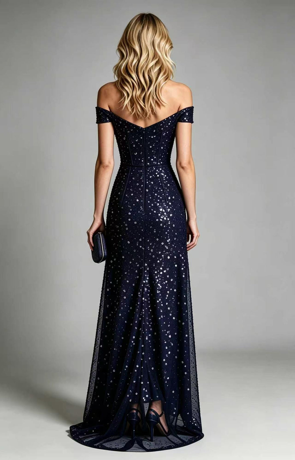 Navy  Off The Shoulder Sequin Tulle A-Line Long Prom Gown