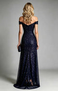 Navy  Off The Shoulder Sequin Tulle A-Line Long Prom Gown