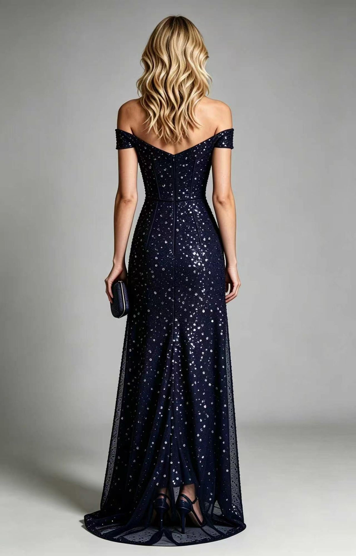 Navy  Off The Shoulder Sequin Tulle A-Line Long Prom Gown