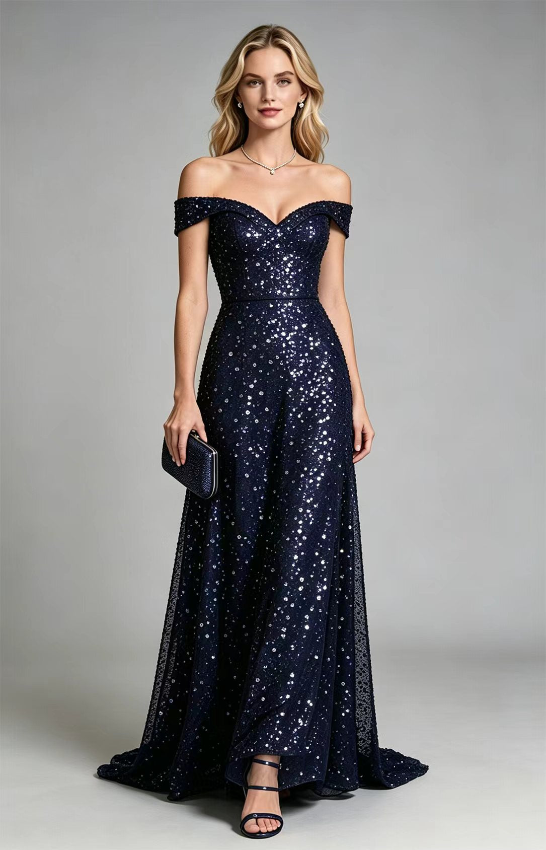 Navy Off The Shoulder Sequin Tulle A-Line Long Prom Gown Front View