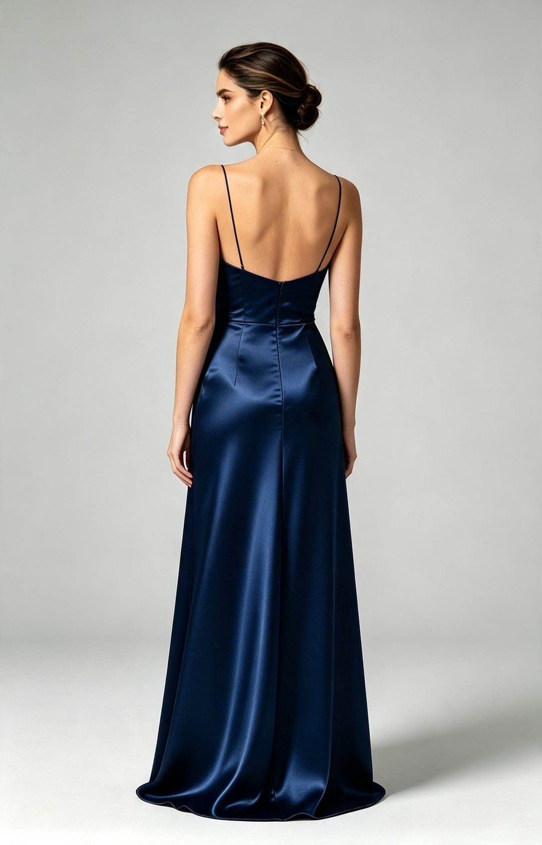 Navy Spaghetti Strap Sweetheart Mermaid Luminous Satin Evening Dress Back View 