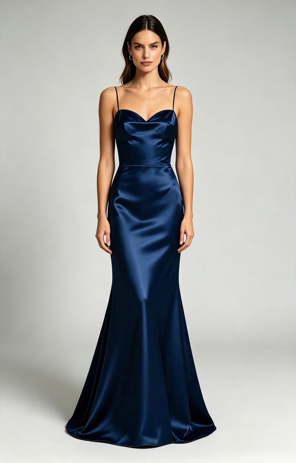Navy Spaghetti Strap Sweetheart Mermaid Luminous Satin Evening Dress Front View 