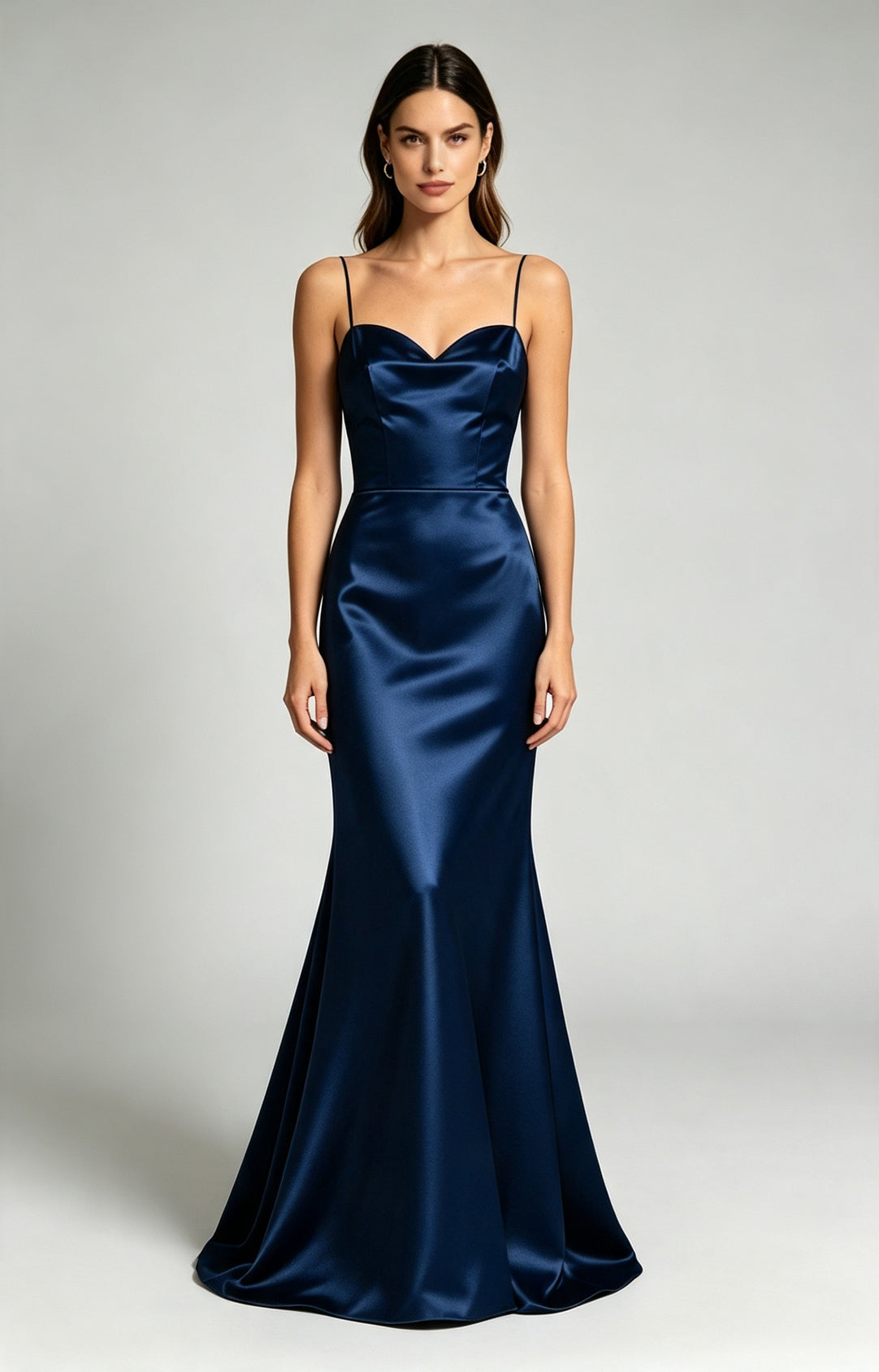 Navy Spaghetti Strap Sweetheart Mermaid Luminous Satin Evening Dress Front View 