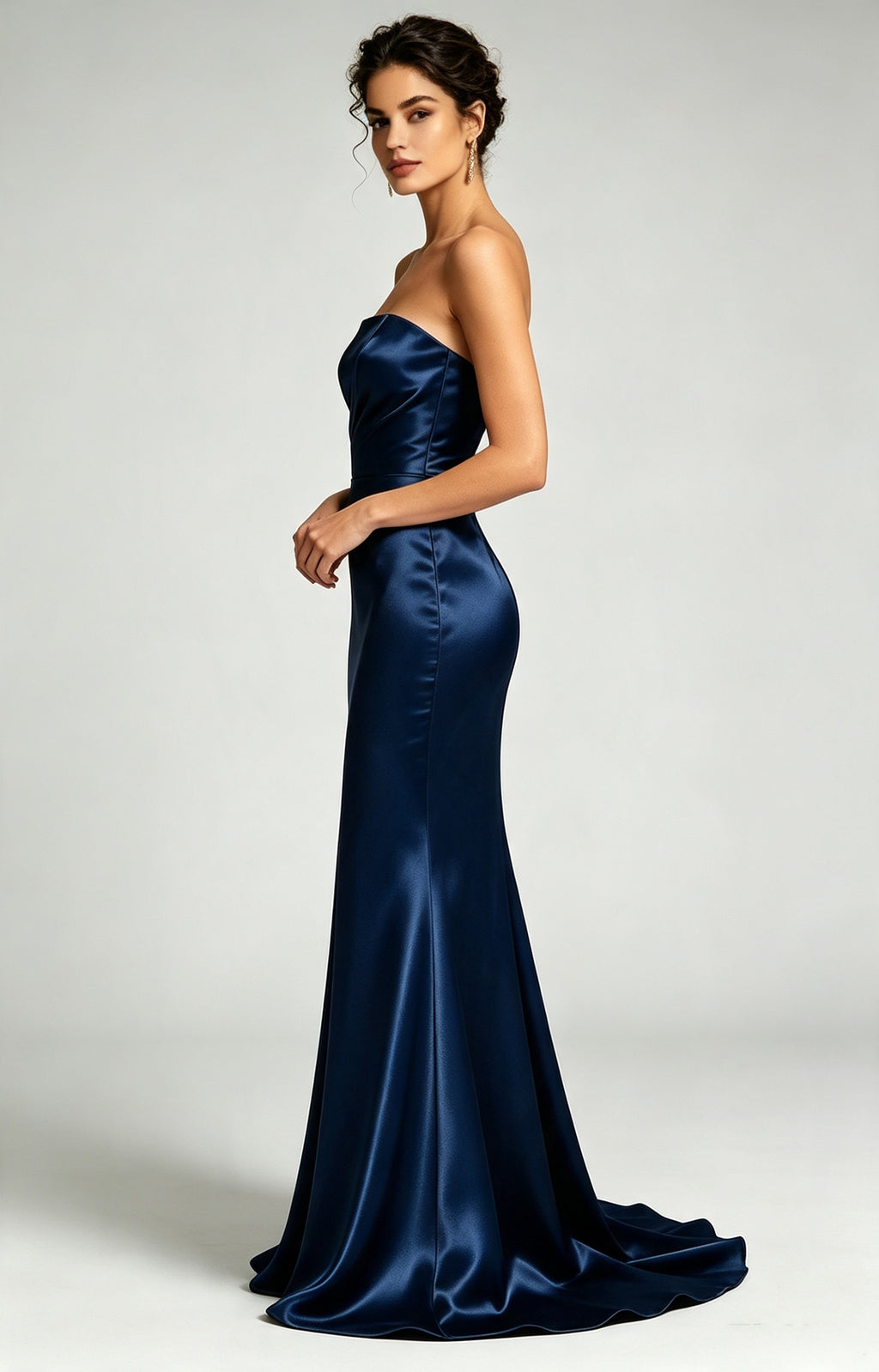 Navy Spaghetti Strap Sweetheart Mermaid Luminous Satin Evening Dress Side View 