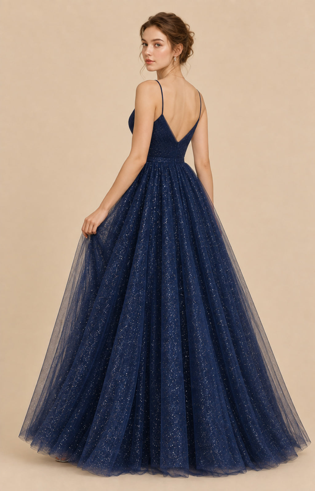 Navy blue glitter tulle V-back ball gown prom dress, back view