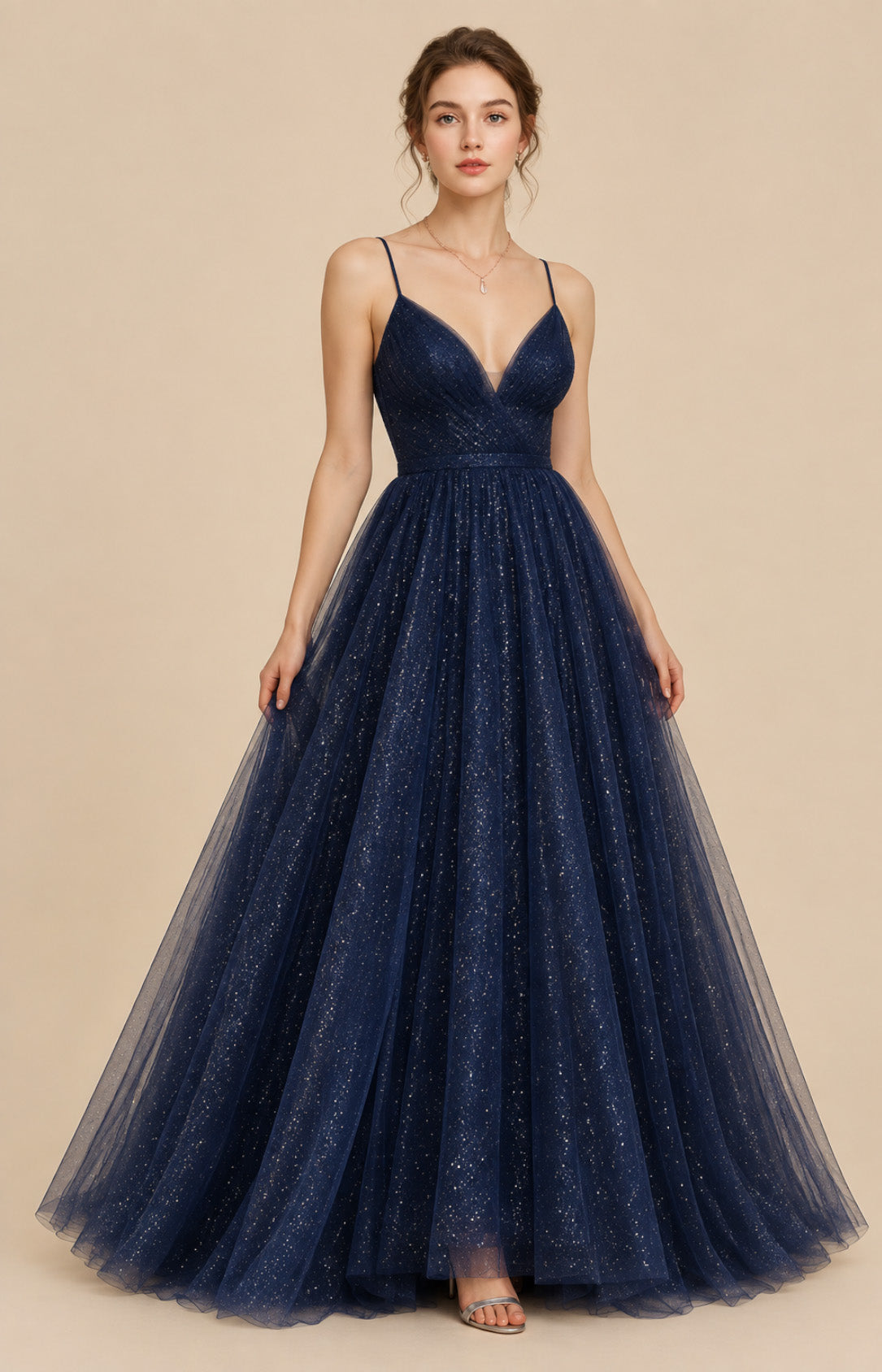 Navy blue glitter tulle V-neck ball gown prom dress, front view