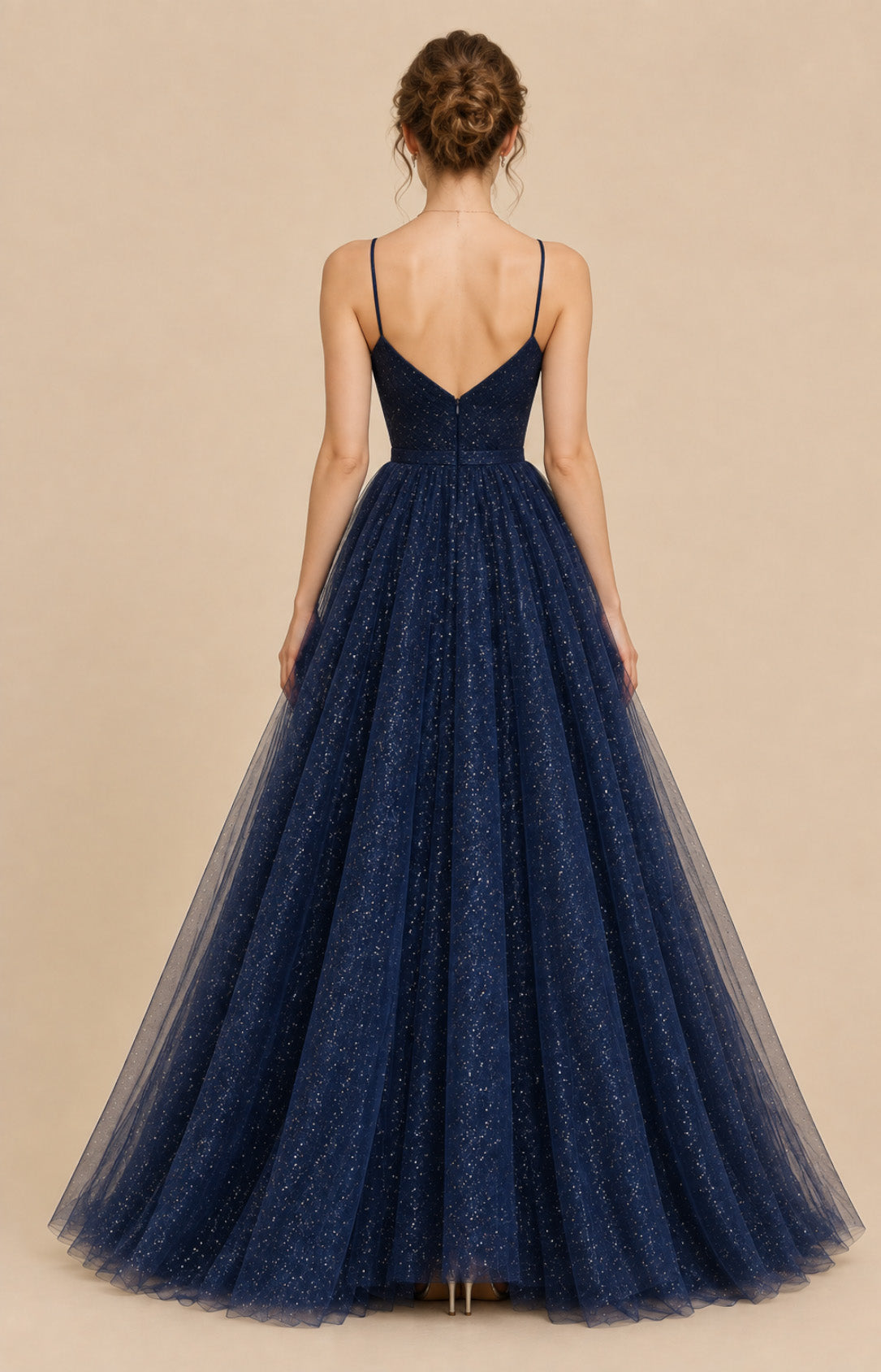 Navy blue glitter tulle open back ball gown prom dress, side back view