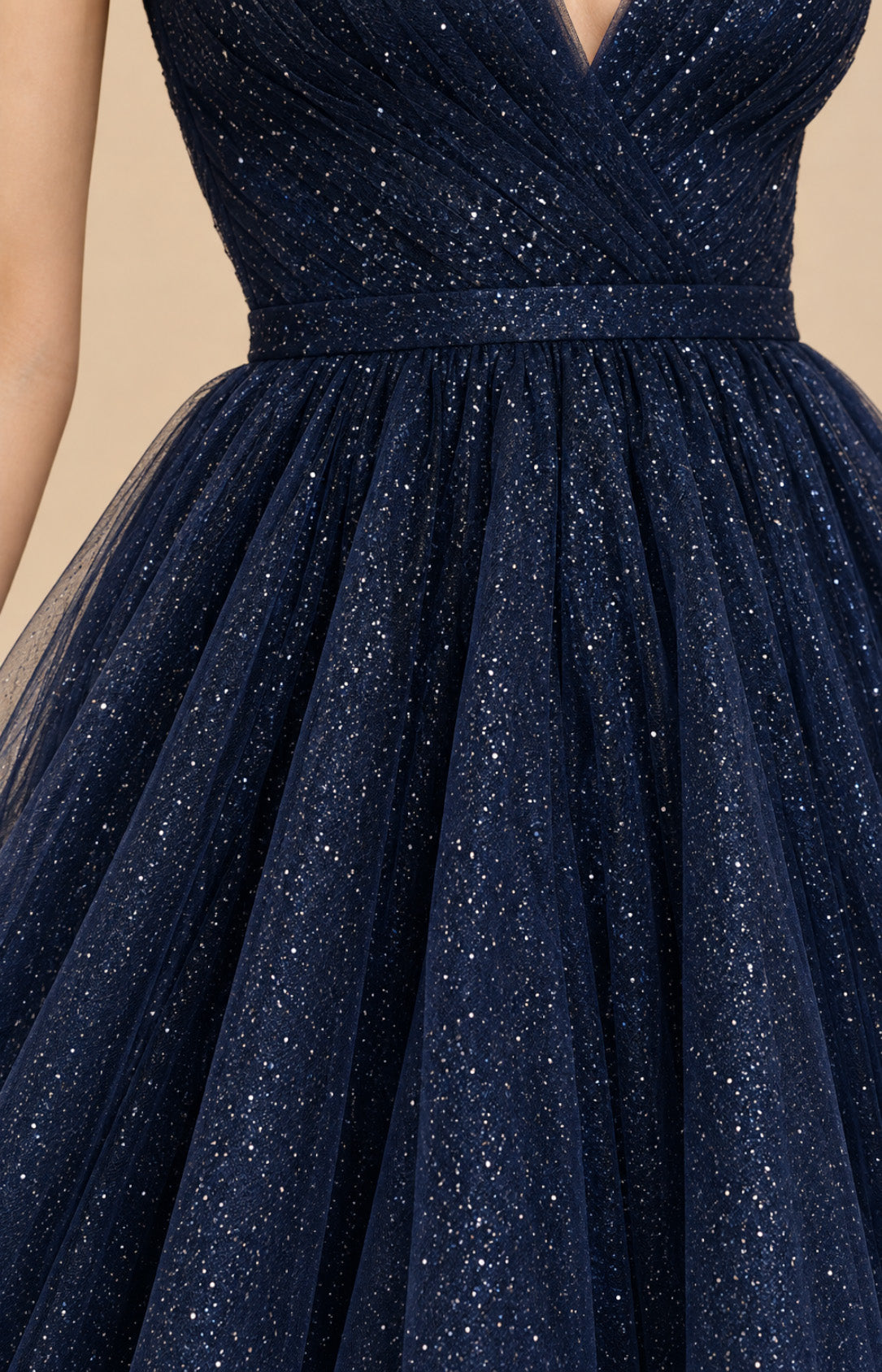Navy blue glitter tulle pleated bodice ball gown prom dress, close-up detail
