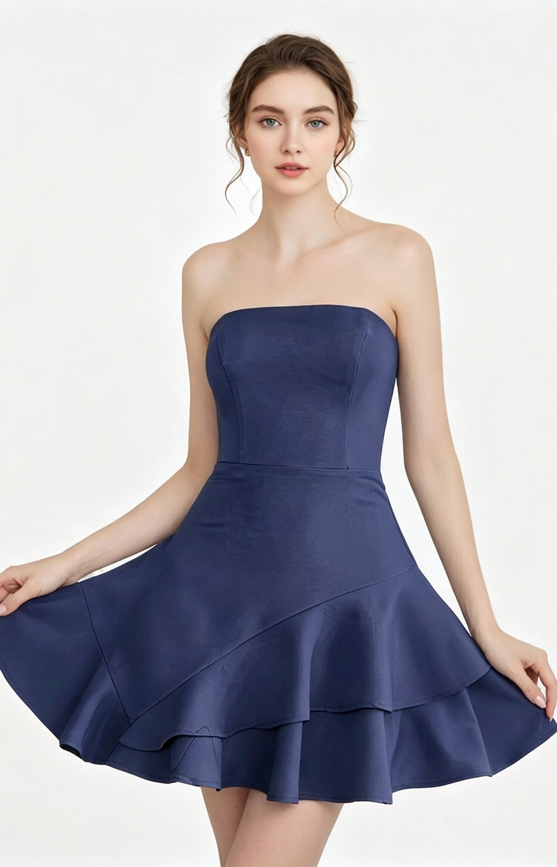 Navy satin strapless fit and flare short homecoming dress full body shot