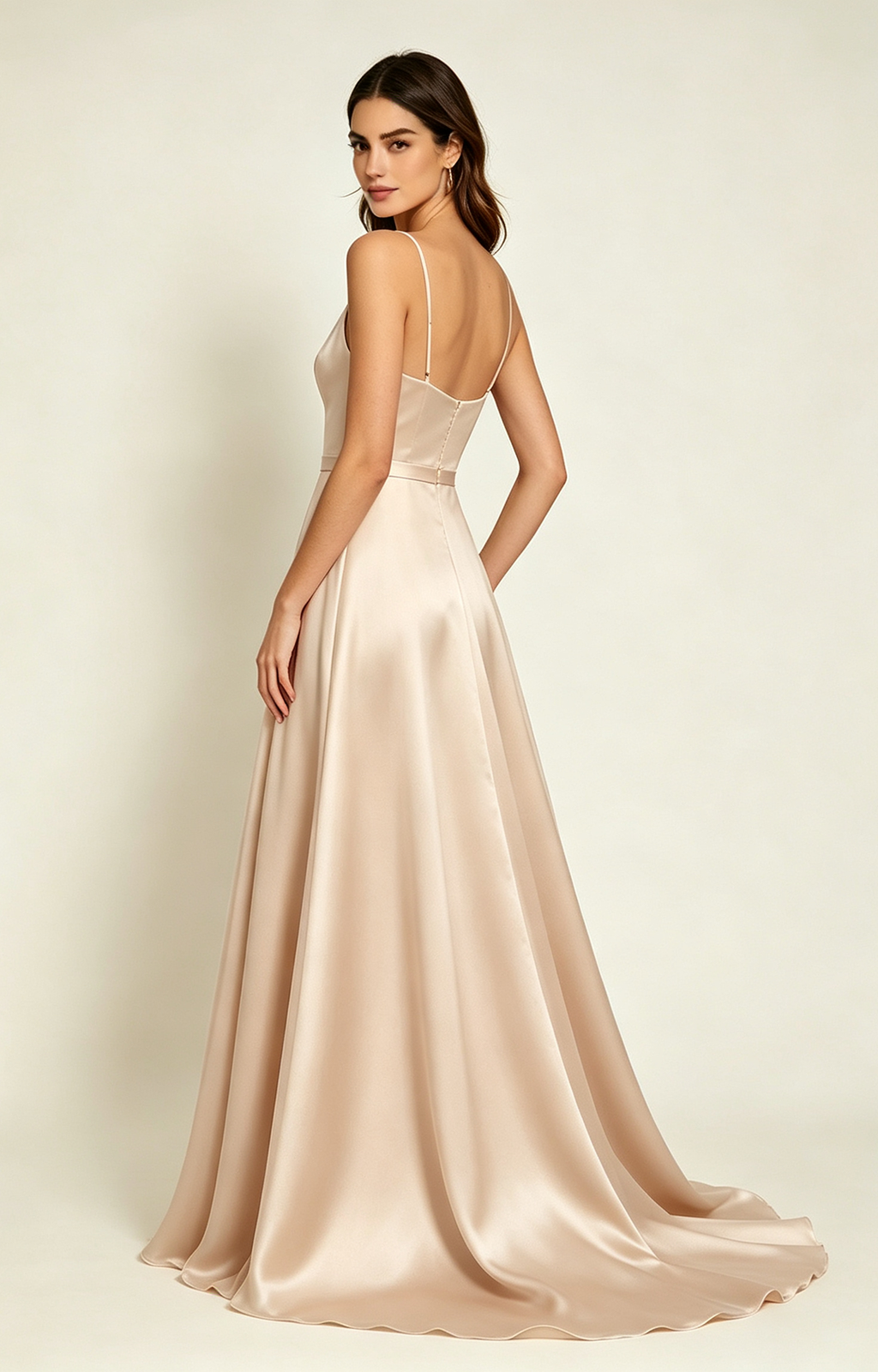 Nude Beige Spaghetti Strap V Neck Satin Bridesmaid Dress Side Back  View