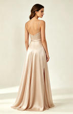 Nude Beige Spaghetti Strap V Neck Satin Bridesmaid Dress Back View
