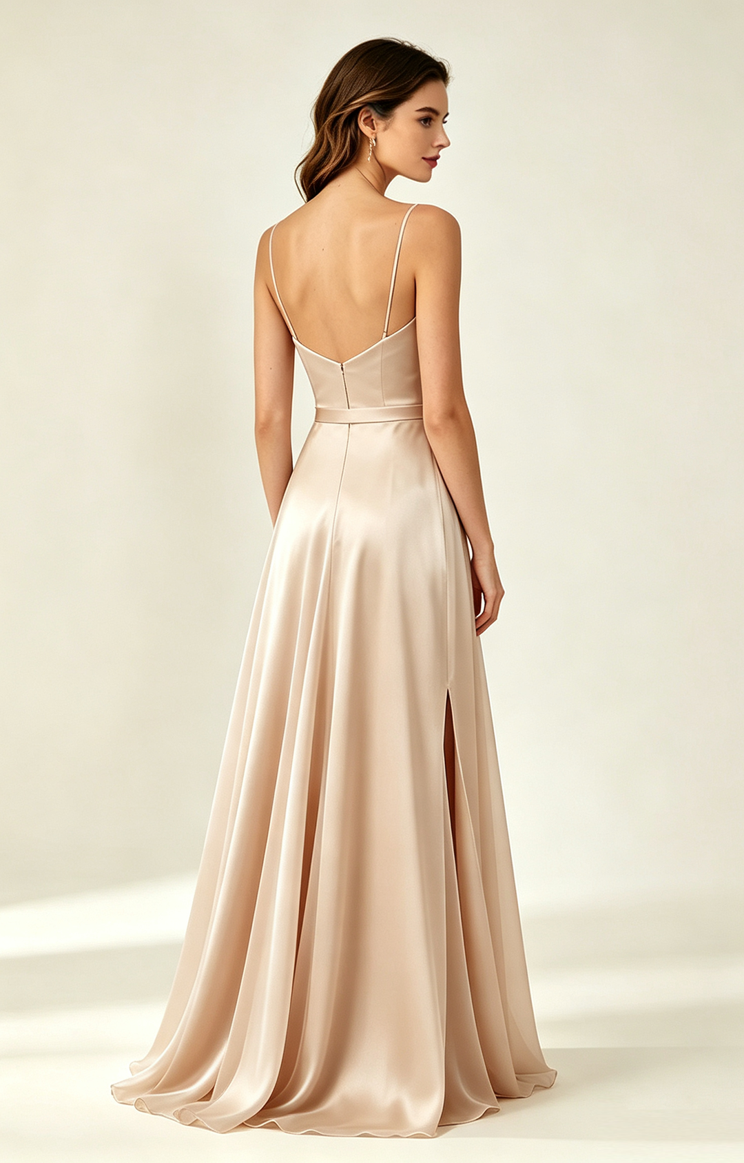 Nude Beige Spaghetti Strap V Neck Satin Bridesmaid Dress Back View