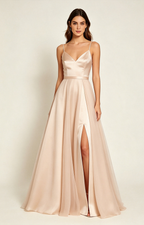 Nude Beige Spaghetti Strap V Neck Satin Bridesmaid Dress Front View