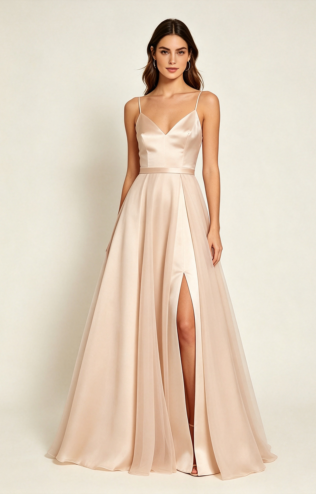 Nude Beige Spaghetti Strap V Neck Satin Bridesmaid Dress Front View