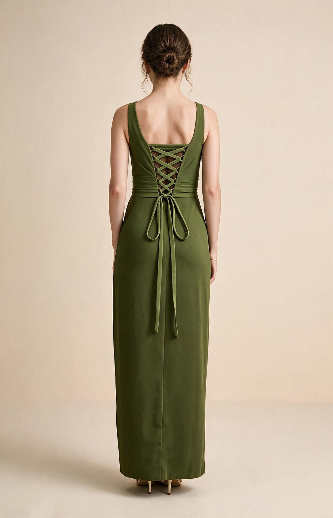 Olive green crepe sheath evening dress with lace-up crisscross open back, square neck side slit gown XALPHEOR