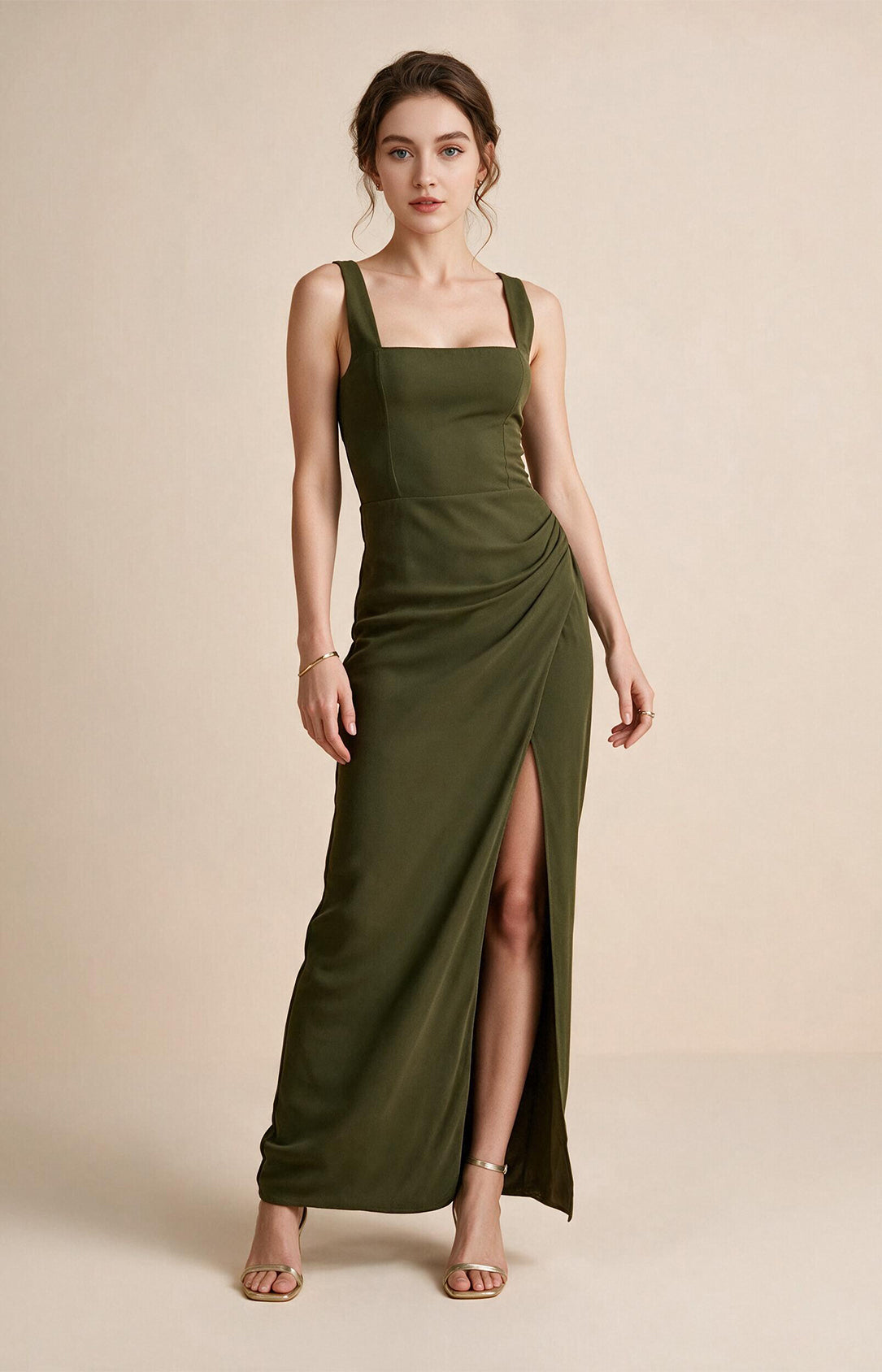Olive green crepe square neck sheath bridesmaid dress with side slit, wide strap formal gown XALPHEOR