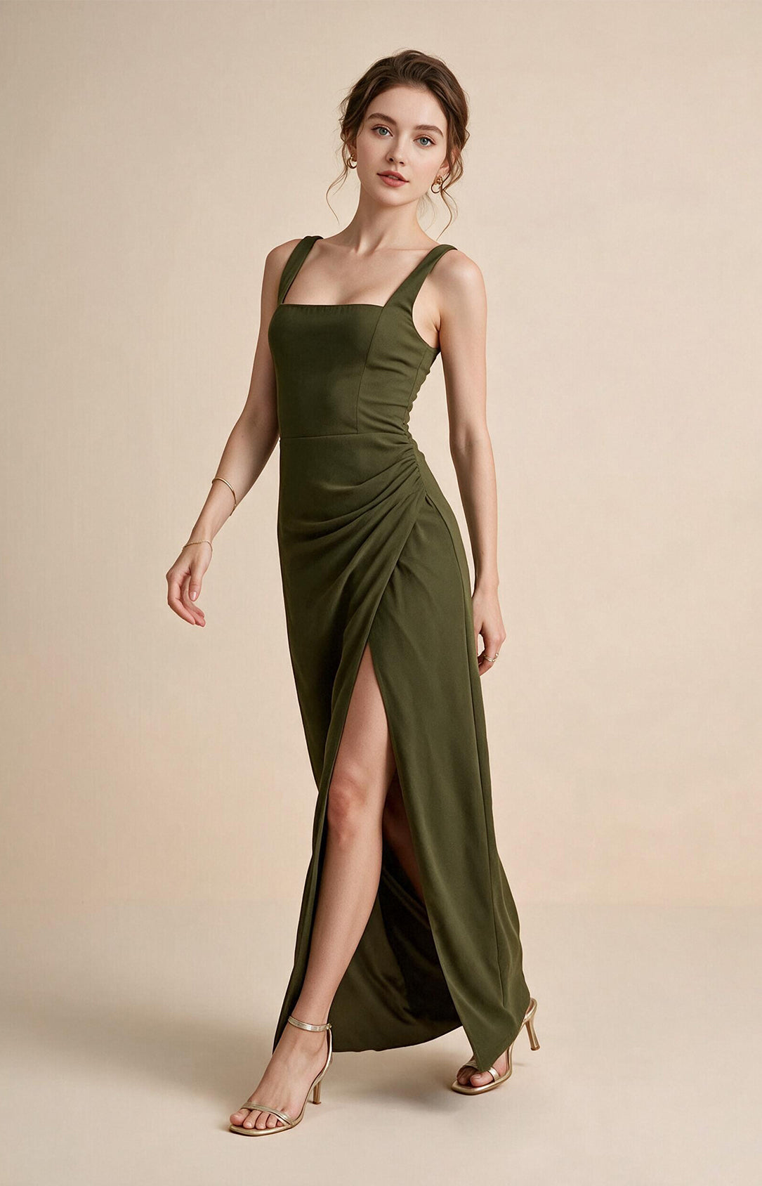 Olive green crepe square neck sheath formal dress with side slit, wide strap lace up back gown XALPHEOR