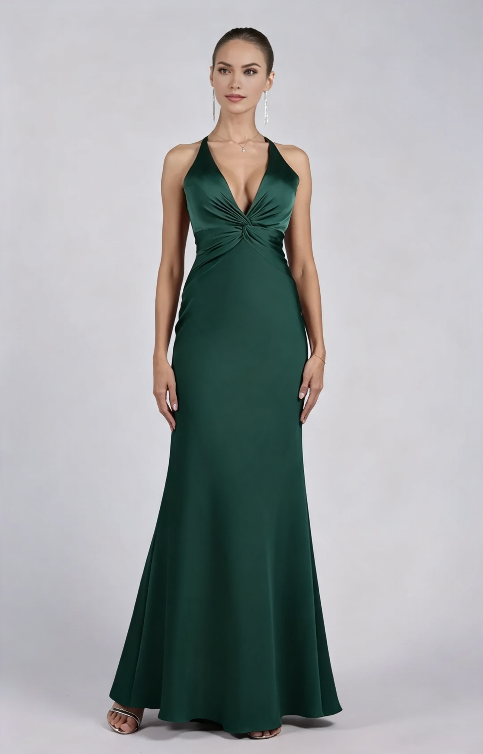Glamorous Sheath Plunging V-neck Sleeveless Satin Floor-length Twist-front Evening Gown