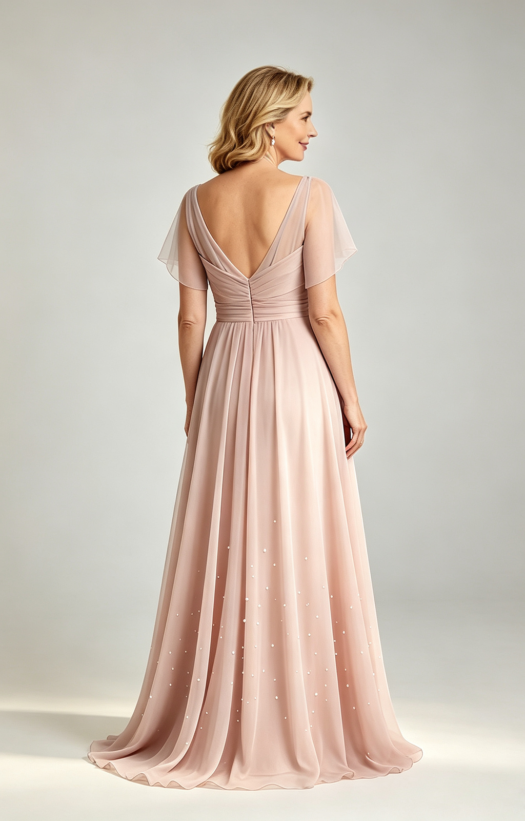 Pear Pink Chiffon Mother of the Bride Dress V Neck Flutter Sleeve Beaded Formal Wedding Guest Gown Back