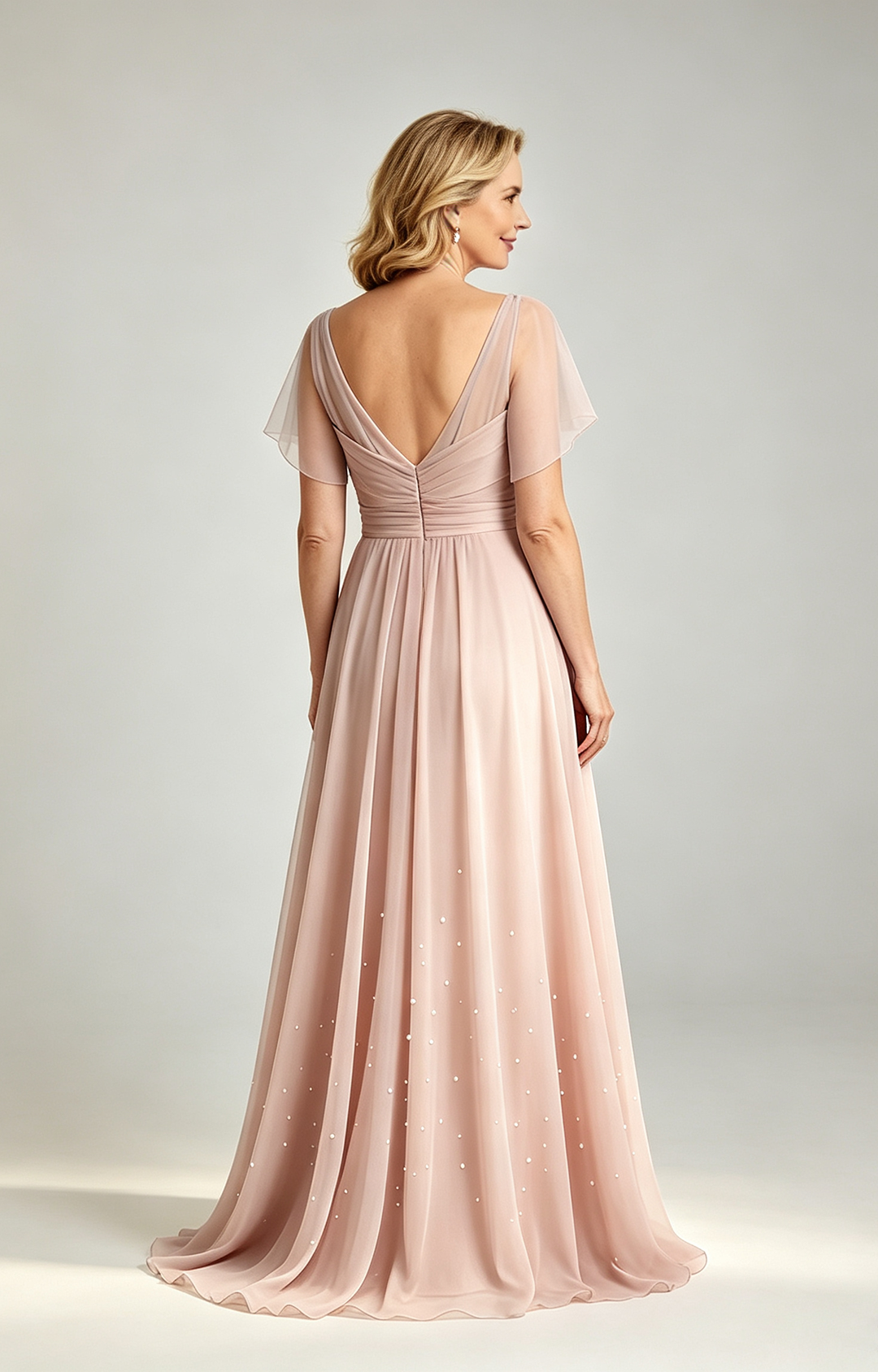 Pear Pink Chiffon Mother of the Bride Dress V Neck Flutter Sleeve Beaded Formal Wedding Guest Gown Back