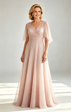 Pear Pink Chiffon Mother of the Bride Dress V Neck Flutter Sleeve Beaded Formal Wedding Guest Gown  Front