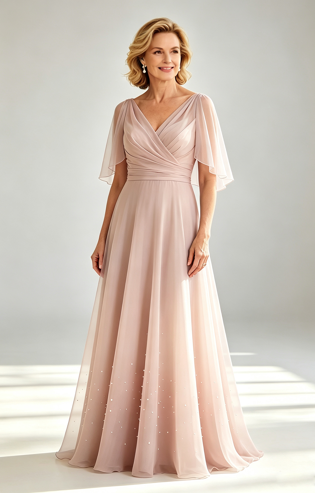 Pear Pink Chiffon Mother of the Bride Dress V Neck Flutter Sleeve Beaded Formal Wedding Guest Gown  Front