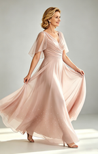 Pear Pink Chiffon Mother of the Bride Dress V Neck Flutter Sleeve Beaded Formal Wedding Guest Gown Round