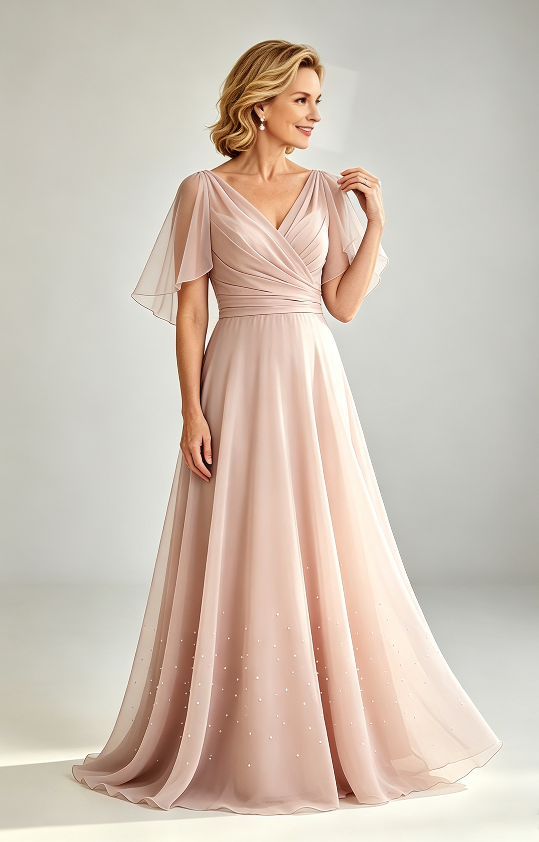 Pear Pink Chiffon Mother of the Bride Dress V Neck Flutter Sleeve Beaded Formal Wedding Guest Gown show