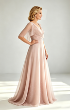 Pear Pink Chiffon Mother of the Bride Dress V Neck Flutter Sleeve Beaded Formal Wedding Guest Gown side