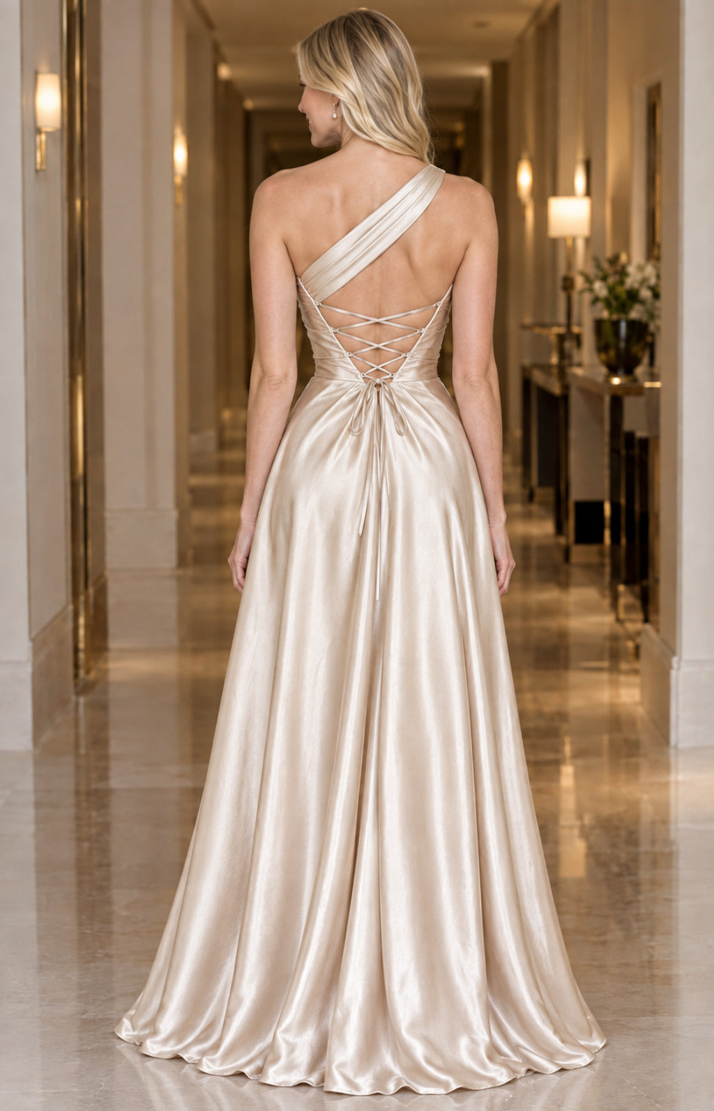 Pearl champagne satin A-line evening dress back view with crisscross lace-up open back design