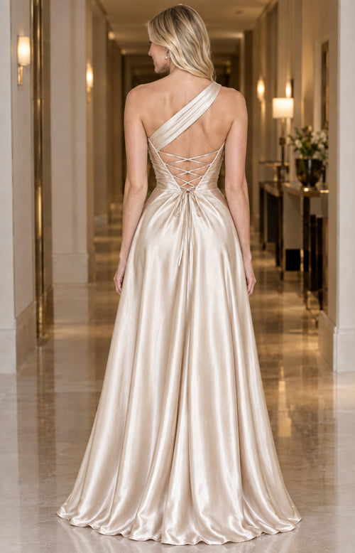 Pearl champagne satin A-line evening dress back view with crisscross lace-up open back design