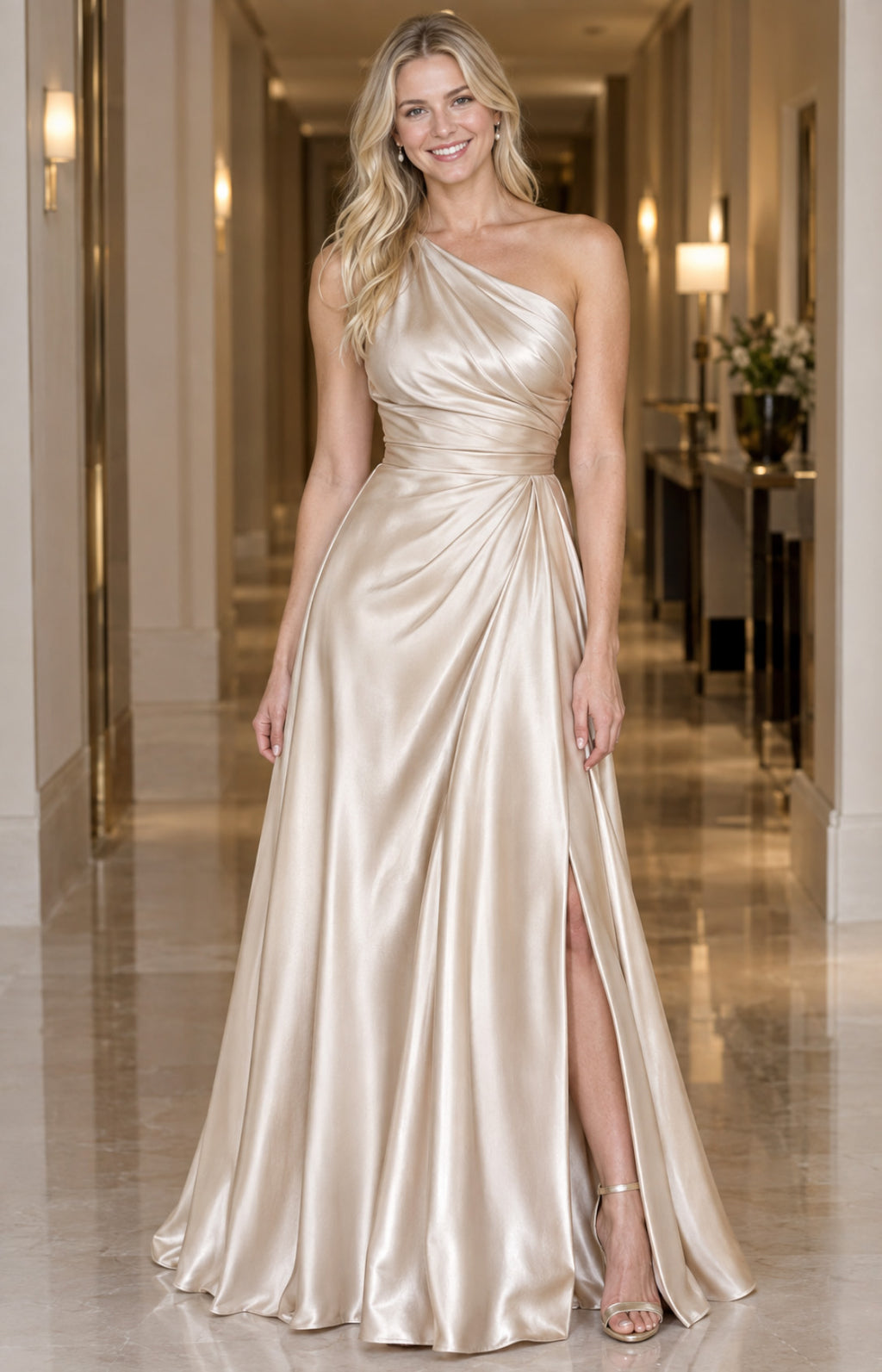 Pearl champagne satin one-shoulder A-line evening dress front view with draped bodice and thigh-high slit