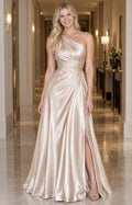 Pearl champagne satin one-shoulder A-line evening dress front view with draped bodice and thigh-high slit