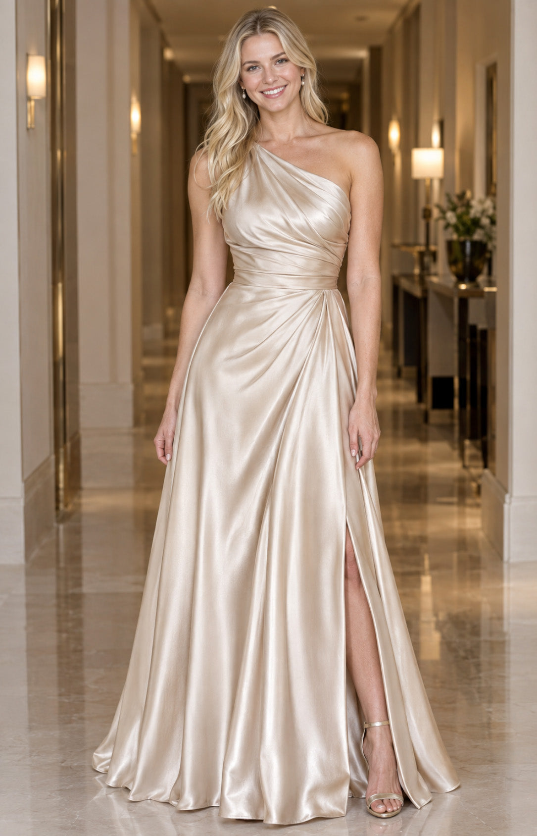Pearl champagne satin one-shoulder A-line evening dress front view with draped bodice and thigh-high slit