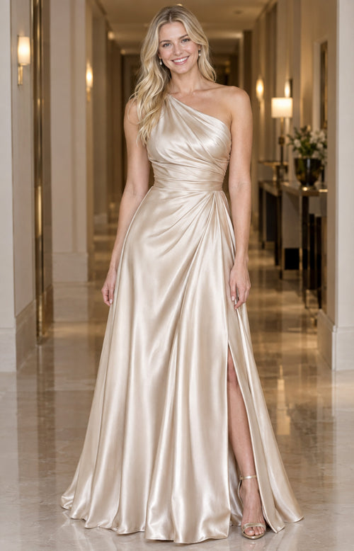 Pearl champagne satin one-shoulder A-line evening dress front view with draped bodice and thigh-high slit