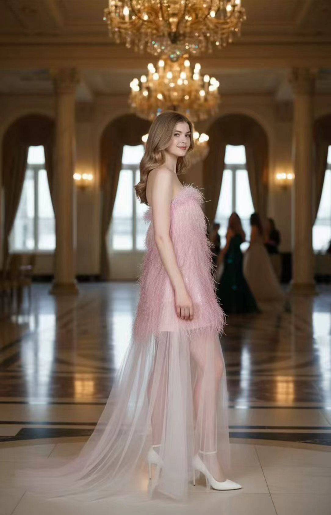 Pink Feather Sequin Strapless Evening Formal Dresses Flowy Tulle Overskirt Side View