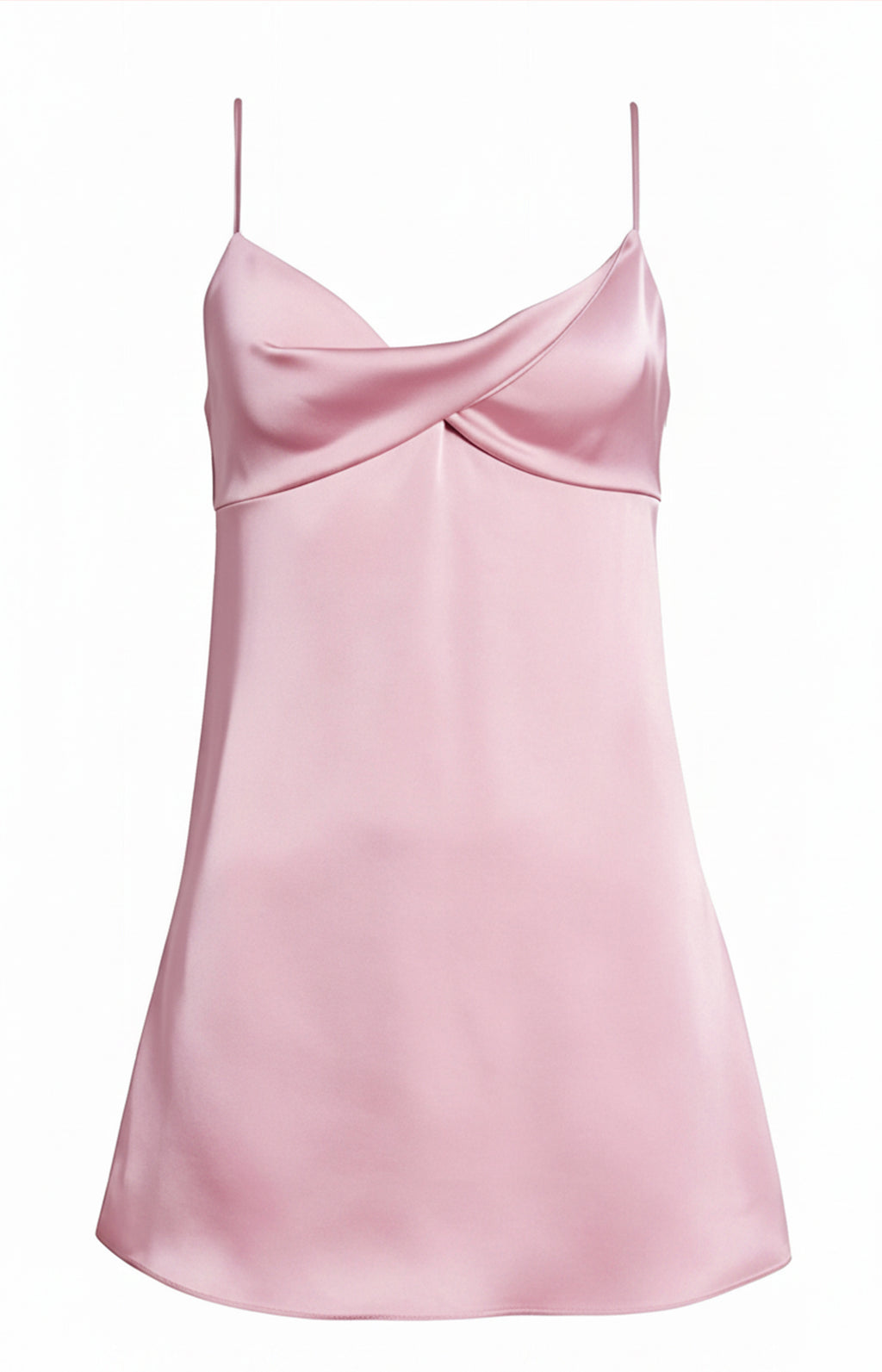 Pink satin spaghetti strap mini dress adjustable strap front view 