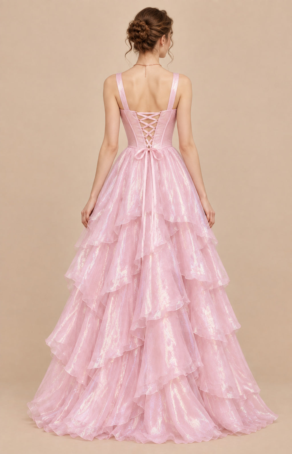 Pink shimmer chiffon lace-up corset back tiered ball gown prom dress, back view