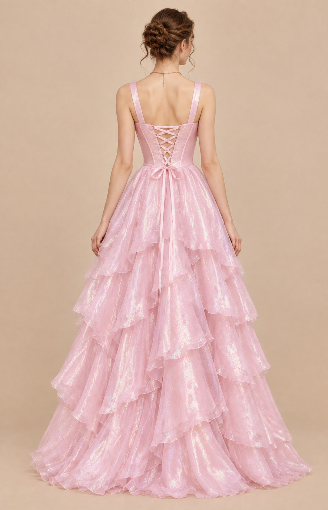 Pink shimmer chiffon lace-up corset back tiered ball gown prom dress, back view