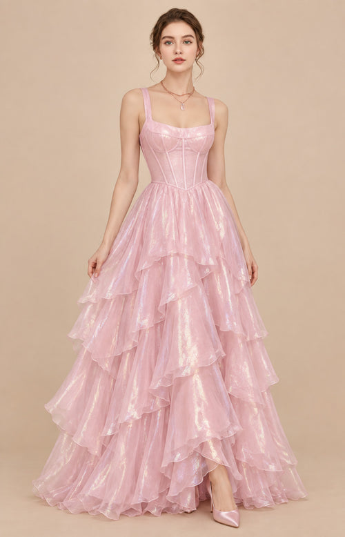 Pink shimmer chiffon square neck corset tiered ball gown prom dress front view