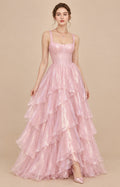 Pink shimmer chiffon square neck corset tiered ball gown prom dress, front view