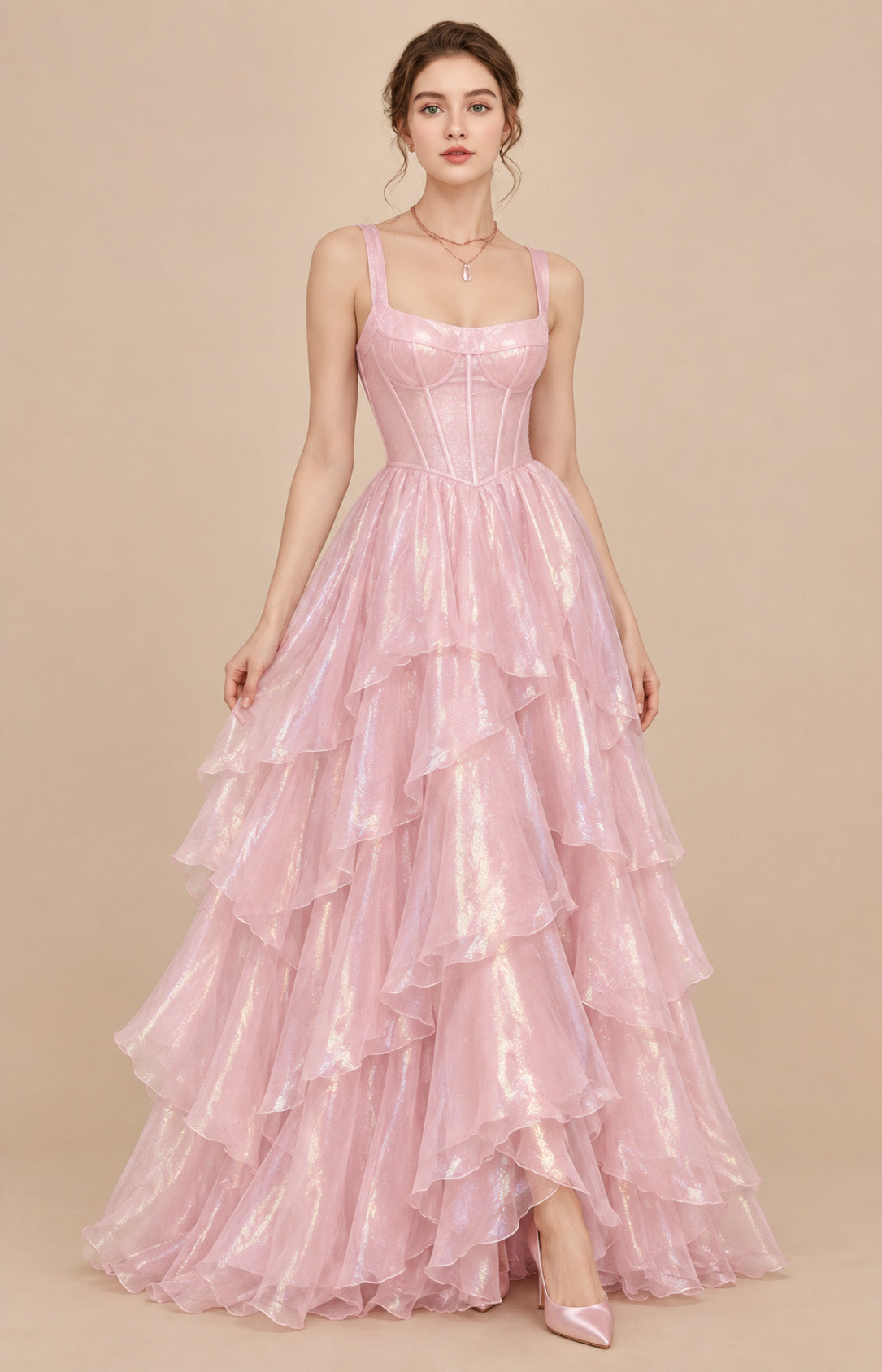 Pink shimmer chiffon square neck corset tiered ball gown prom dress, front view