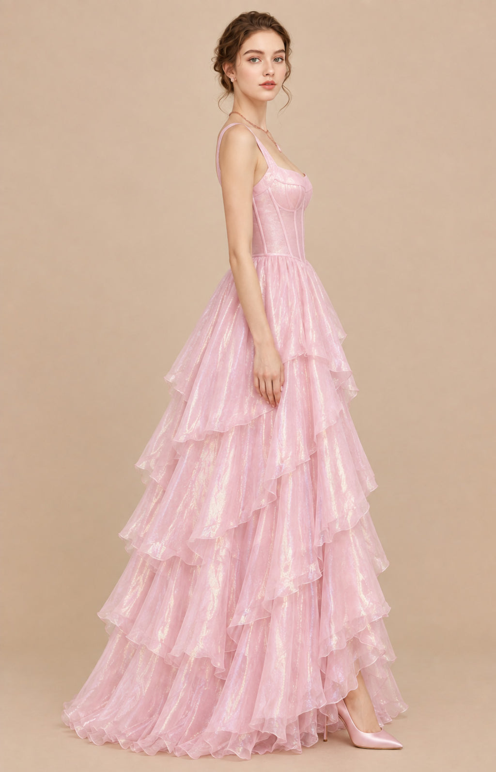 Pink shimmer chiffon tiered ruffle ball gown prom dress, side profile view