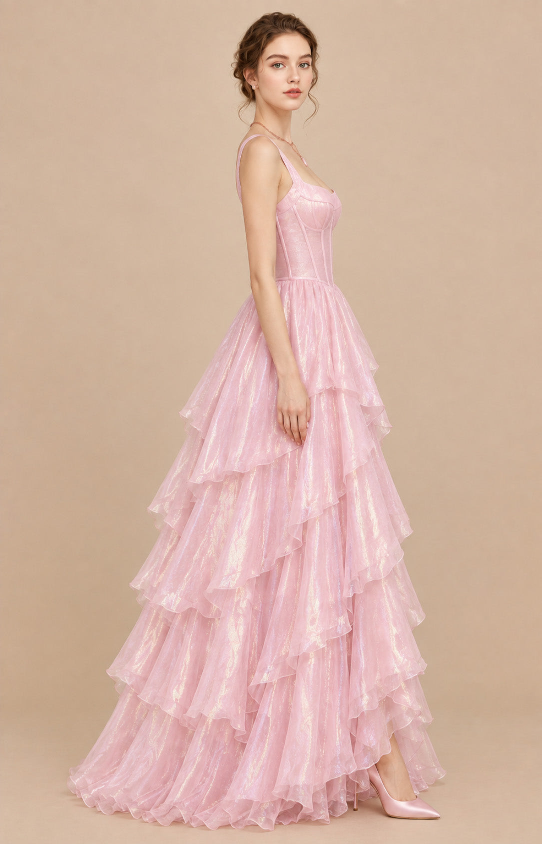 Pink shimmer chiffon tiered ruffle ball gown prom dress, side profile view